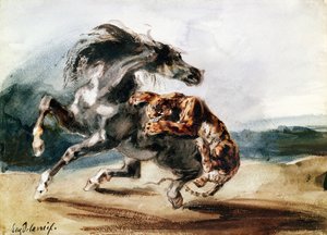 Tygr útočí na divokého koně (pero, inkoust a akvarel na papíře) od Ferdinand Victor Eugene Delacroix