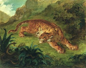 Tygr a had, 1858 (olej na papíře připevněný na panelu)