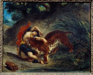 Mladá žena odvedena tygrem nebo indiánem kousnutým tygrem. Obraz Eugene Delacroix (1798-1863) od Ferdinand Victor Eugene Delacroix