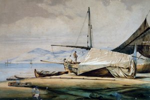 Leudi, Ligurská rybářská loď, barevná litografie Ferdinand Perrot