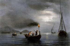 Noční rybolov u rybářské lampy, barevná litografie Ferdinanda Perrota (1808-1841)