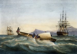 Výložníková kánoe z Antil, barevná litografie Ferdinanda Perrota