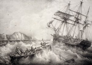 Záchrana posádky bretaňské rybářské lodi švédskou lodí Le Neptune, litografie Ferdinand Perrot
