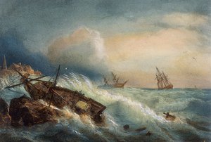 Vrak lodi na pobřeží Saint Nazaire, barevná litografie od Ferdinanda Perrota, Francie
