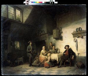 "Le concert prive"" (Domový koncert) Rodina shromážděná ve skromném interiéru v Belgii poslouchá hudebníka hrajícího na hurdisku. Obraz Ferdinanda de Braekeleer staršího (1792-1883) Muzeum umění Michaila Krošitského z 19. století, Sevastopol (Sevastopol)