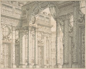 Návrh perspektivy pro scénu s nádvořím a triumfálním obloukem, ca. 1675-1743.