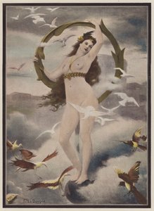 Žena obklopená ptáky (barva litho)