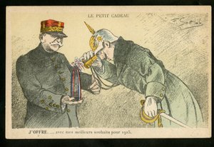 Pohlednice, satirický v barvách, ca. 1914_12: Malý dárek, který nabízím s přáním všeho nejlepšího pro rok 1915 - Válka 14-18, Kanonice, mušle - Vilém II., Joffre Ilustrace Gottlob (1873-1935)