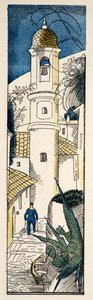 Ulice v Antibes z Gazette de Bon Ton, pub. 1920 (pochoir print)