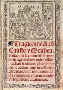 Miniatura na pergamenu na obálce Celestiny aneb Tragikomedie Callisto a Melibei, vydané v r. od Fernando de Rojas