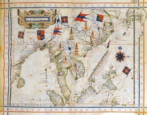 Plošná mapa, předmerkatorská mapa z roku 1571 od portugalského kartografa Fernao Vaz Dourado (asi 1520-1580). Mapa východní Indie, Bengálského zálivu, jihovýchodní Číny, Thajska, Bornea a Japonska. Je zde pojmenován obratník Raka. od Fernao Vaz Dourado
