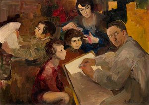 Autoportrét s rodinou - Malba Filippa Andrejeviče Maliavina (Maliavine) (nebo Andrejeviče Maljavina) (1869-1940), olej na plátně (46,5x64,5 cm), ruské umění, konec 19.-začátek 20. století - soukromá sbírka