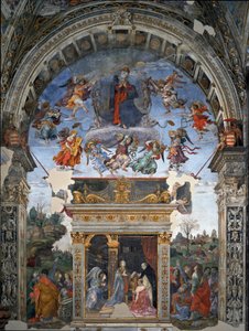 Nanebevzetí Panny Marie a pod sv. Tomášem Akvinským, který daruje Marii kardinál Oliviero Carafa Fresku od Filipínce Lippiho (1457-1504) 1488-1492 Řím, kostel Santa Maria sopra Minerva, kaple Carafa Itálie od Filippino Lippi