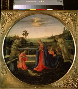 Klanění Ježíšku. Dítě Ježíše Krista uctívané Pannou Marií a anděly. Obraz Filippino Lippi (1457-1504), kolem 1480. Tempera na mědi. Florentské umění, období renesance. Muzeum Ermitáž, Saint Pet od Filippino Lippi