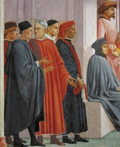 Muži ve středověkých šatech, detail ze Vzkříšení Theophilova syna, Tommaso Masaccio, freska od Filippino Lippi