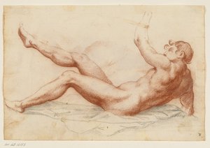 Prostrated male nude turned left leaning on his right arm and lifting his left arm and right leg up   1282627   cs       czech Successfully Translated  Original: Titelprent met opdracht aan en wapen van Cosimo II deMedici en voorstellingen van Rechtvaardig