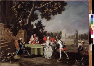 ""The Card Party"" Skupina italské šlechty hrající karty v zahradě. Obraz Filippa Falciatoreho (1718-1768) Puškinovo muzeum z 18. století, Moskva