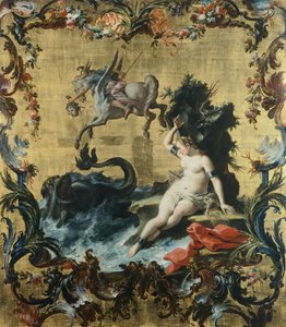 Perseus osvobozující Andromedu od mořské příšery, Filippo Falciatore (aktivní 1728-1768), olej na panelu.