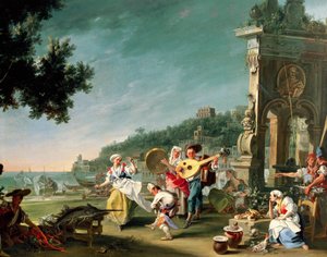Tarantella v Margellině, cca 1750, Filippo Falciatore (aktivní 1737-1768), olej na plátně, 76,2 x 102 cm. Itálie