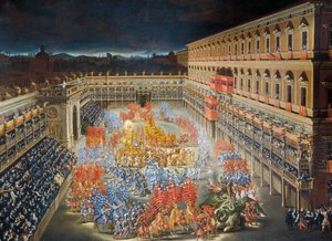 Oslavy v Palazzo Barberini na počest příjezdu královny Kristiny Švédské do Říma v roce 1656, obraz Filippo Lauri (1623-1694) a Filippo Gagliardi (1606-1659), Detail od Filippo and Gagliardi Filippo Lauri