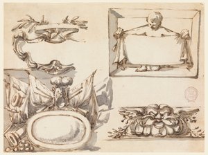 Kresba, Rozeta, trofej, štítek, dekorativní motiv pro vlys, 1750-75 od Filippo Marchionni
