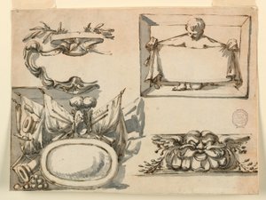 Kresba, Rozeta, trofej, štítek, dekorativní motiv pro vlys, 1750-75 od Filippo Marchionni