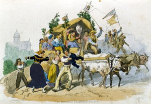 Neapolci se z exkurze do Montevergine vesele vracejí. Kresba F. Palizzi z „Costumi del regno di Napoli““ od De Bourcarda od Filippo Palizzi