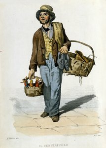 Malý podnik města Neapol: cenciauolo. Byla to postava, která sbírala staré látky a oblečení, které vyměňovala za kousky mýdla. Rytina podle obrazu F. Palizzy. Z díla Francesca de Bourcarda „“ Costumi del regno di Na od Filippo Palizzi
