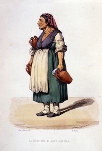 Malý podnik města Neapol: chodící prodavačka sirné vody. Rytina podle obrazu F. Palizzy. Z díla Francesca de Bourcard „“ Costumi del regno di Napoli““ od Filippo Palizzi