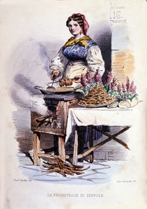 Malý podnik města Neapol: chodící prodavačka zeppolle, speciální cukrárna z Neapole. Rytina podle obrazu F. Palizzy. Z díla Francesca de Bourcard „“ Costumi del regno di Napoli““ od Filippo Palizzi