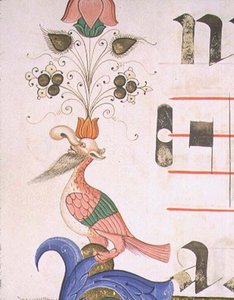 Misál 515 f.120v Groteskní pták s lidskou hlavou, detail ozdobného okraje ze sborové knihy provedené před rokem 1449 (vellum)