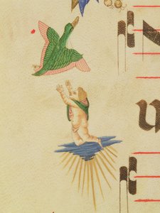 Misál 515 f.13v Zahalený cherub, který se snaží chytit létajícího ptáka, z ozdobného okraje, detail ze sborové knihy provedené před rokem 1449 detail pergamenu 56721