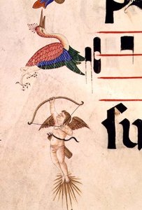 Misál 515 f.5r Cherubín střílející lukem a neviditelným šípem na čápa, detail ozdobného okraje ze Sborové knihy provedené před rokem 1449 (vellum)