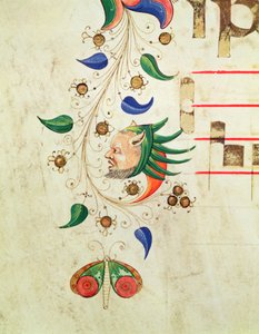 Misál 515 f.72v Zoomorfní listový okraj, detail ze sborové knihy provedené před rokem 1449 pergamenem