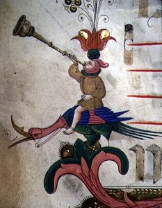 Misál 515 f.9r Figura troubící na roh, upevněná na zapřaženém ptáčkovi, detail ozdobného okraje ze Sborové knihy provedené před rokem 1449 (detail 88907)