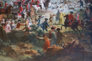 Hon na jelena, Vittorio Amedeo Cignaroli (1730-1800), olej na plátně, síň panošů, Lovecká rezidence, Filippo Juvarra (1678-1736), Stupinigi, Piemont, Itálie