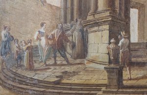 Žánrová scéna, olej na dřevě, detail okenice oken salonu, Královnin byt, Lovecká rezidence, Filippo Juvarra (1678-1736), Stupinigi, Piemont, Itálie