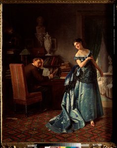 Módní dáma, příprava na ples - obraz Firse Sergejeviče Zhuravieva (1836-1901), olej na plátně