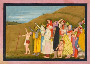 Krišna a jeho rodina obdivují zatmění Slunce, možná stránku z „Kangry/Modi“ <em>Bhagavata Purana</em> od First generation after Nainsukh