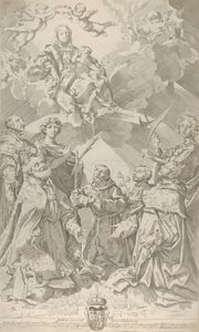 Svatí patroni Boloně hledí vzhůru na Pannu, která sedí v oblacích s..., 1640-50.
