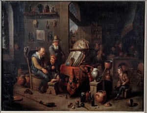 Lékárník Lékárník ve své laboratoři pomáhá svým učňům a obklopuje jeho nástroje, baňku, mapu, stále. Vzadu pult obchodu. Malba vlámské školy. Metz 16. století, Muzeum výtvarných umění od Flemish School