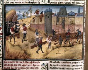 KŘESŤANÉ: "Křižáci lezou po jeruzalémských hradbách. Z knihy "Histoire des Cr... od Flemish School