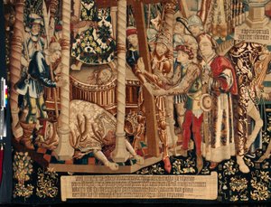 Katedrála (Seo. Ca tedral Spasitele ze Zaragozy). Muzeum gobelínů. Vlámský gobelín. Legenda o svatém kříži (The legend of the Holy Cross, of legend of the Holy Cross). Detail. Cca. 1450. 430x1120cm. od Flemish School