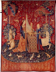 Curtain of the Lady of the Unicorn (Lady of the Unicorn): sluch. Vlněný a hedvábný gobelín vyrobený v letech 1484 až 1500. Ze zámku Boussac, Creuse. Ztlumit. 3,7x4,7m. Paříž, Národní muzeum středověku, Thermes de Cluny od Flemish School