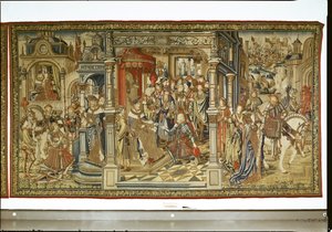 Davidovi synové Amnon a Absalom si navzájem vyhlašují válku, gobelín Davida a Batšeby, kolem 1510-15 od Flemish School