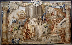 Vlámský gobelín. Řada Apoteóza eucharistie. Oběť mojžíšského zákona (Sacrificio de la Ley Mosaica). Model Cartoon zkopírovaný z originálu od Rubense. bruselská výroba. Výrobce Frans van den Hecke. Polovina 17. století. Tkanina Hedvábí a vlna, od Flemish School