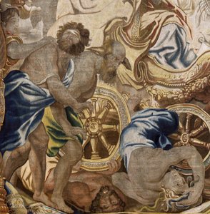 Vlámský gobelín. Řada Apoteóza eucharistie. Triumf církve (Triunfo de la Iglesia). Model Cartoon zkopírovaný z originálu od Rubense. bruselská výroba. Výrobce Frans van den Hecke. Polovina 17. století. Tkanina Hedvábí a vlna, 7/8 osnova od Flemish School