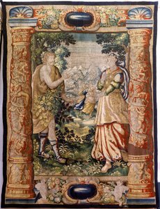 Vlámský gobelín. Řada Galantry (Galante). Galantní scéna (Escena galante). Manufacture Brussels, počátek 17. století. Tkanina Hedvábí a vlna, 5/6 osnovy na cm. Rozměr 348 x 263 cm. Umístění Kostel San Millán de la Cogolla, Oncala (Soria). Původ A donatio od Flemish School