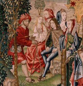 Vlámský gobelín. Seriál Lidské vykoupení aneb Neřesti a ctnosti. Neřesti vedou člověka k hříchu (Los Vicios conducen al Hombre al pecado). Druhá tapisérie v sérii (první z těch uložených v Palencii. bruselská výroba, dílna. Kol. 1510. Rozměr 425 x 800 cm.  od Flemish School