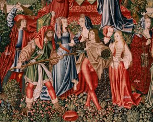 Vlámský gobelín. Seriál Lidské vykoupení aneb Neřesti a ctnosti. Neřesti vedou člověka k hříchu (Los Vicios conducen al Hombre al pecado). Druhá tapisérie v sérii (první z těch uložených v Palencii. bruselská výroba, dílna. Kol. 1510. Rozměr 425 x 800 cm.  od Flemish School
